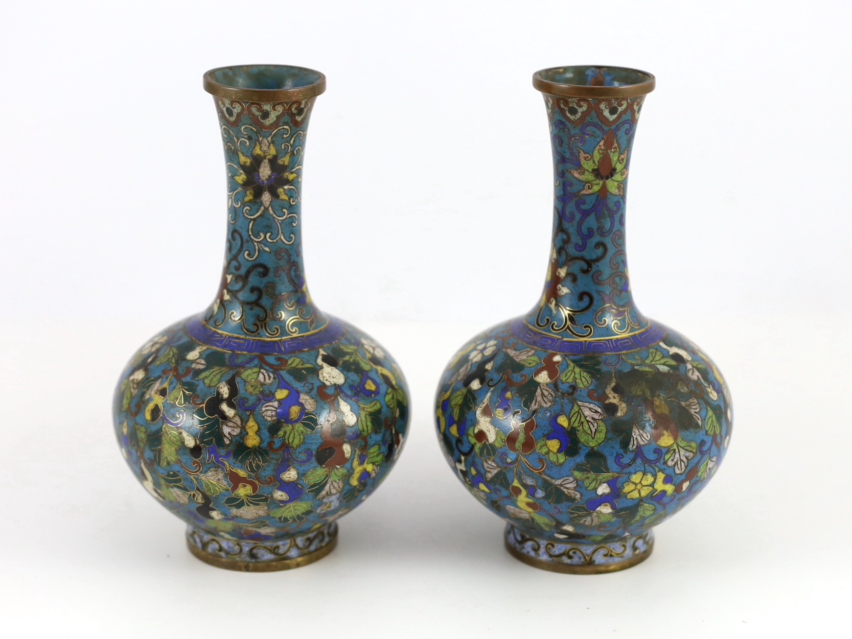 A pair of Chinese cloisonné enamel ‘gourd vine’ vases, early 19th century, 18cm high